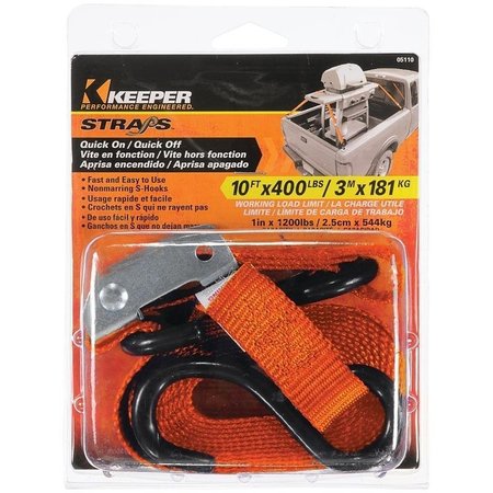 KEEPER 0 TieDown, 1 in W, 10 ft L, Nylon, Orange, 400 lb, SHook End Fitting 5110